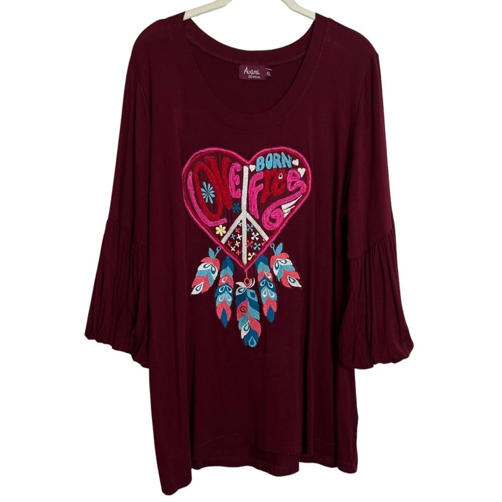 Avani del Amour Burgundy Embroidered Tunic Top XL Puff Sleeve Boho 60s Throwback